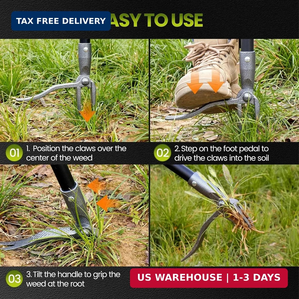 Weed Puller, Stand Up Weed Puller Tool with Steel Long Handle, 4 Claw Steel Head