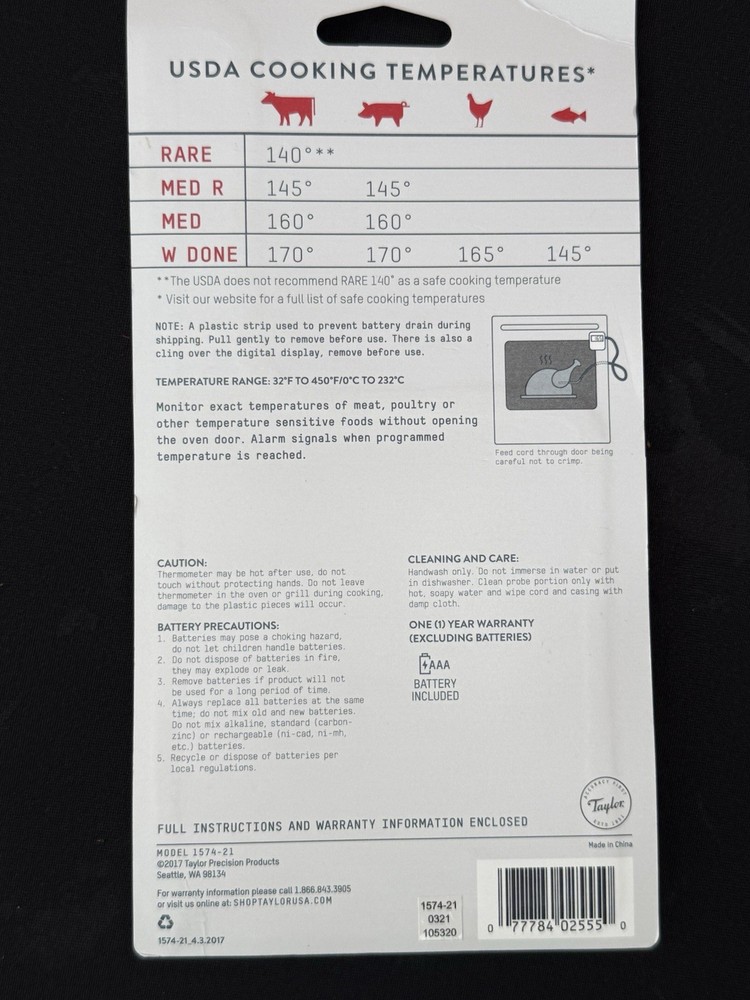 Taylor Digital Cooking Thermometer Timer w/ Probe Programmable NEW Sealed