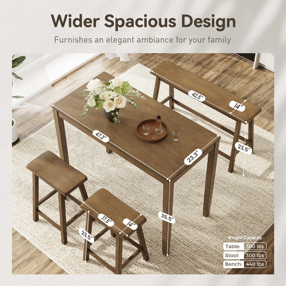 Farmhouse Dining Table Set for 4 with Bench 2 Chairs Counter Height Solid Wood
