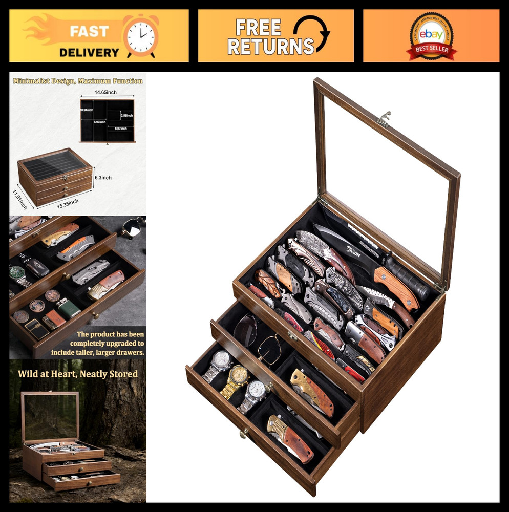 Large Knife Display Case - 3-Tier Organizer with Clear Lid & Drawer for Folding