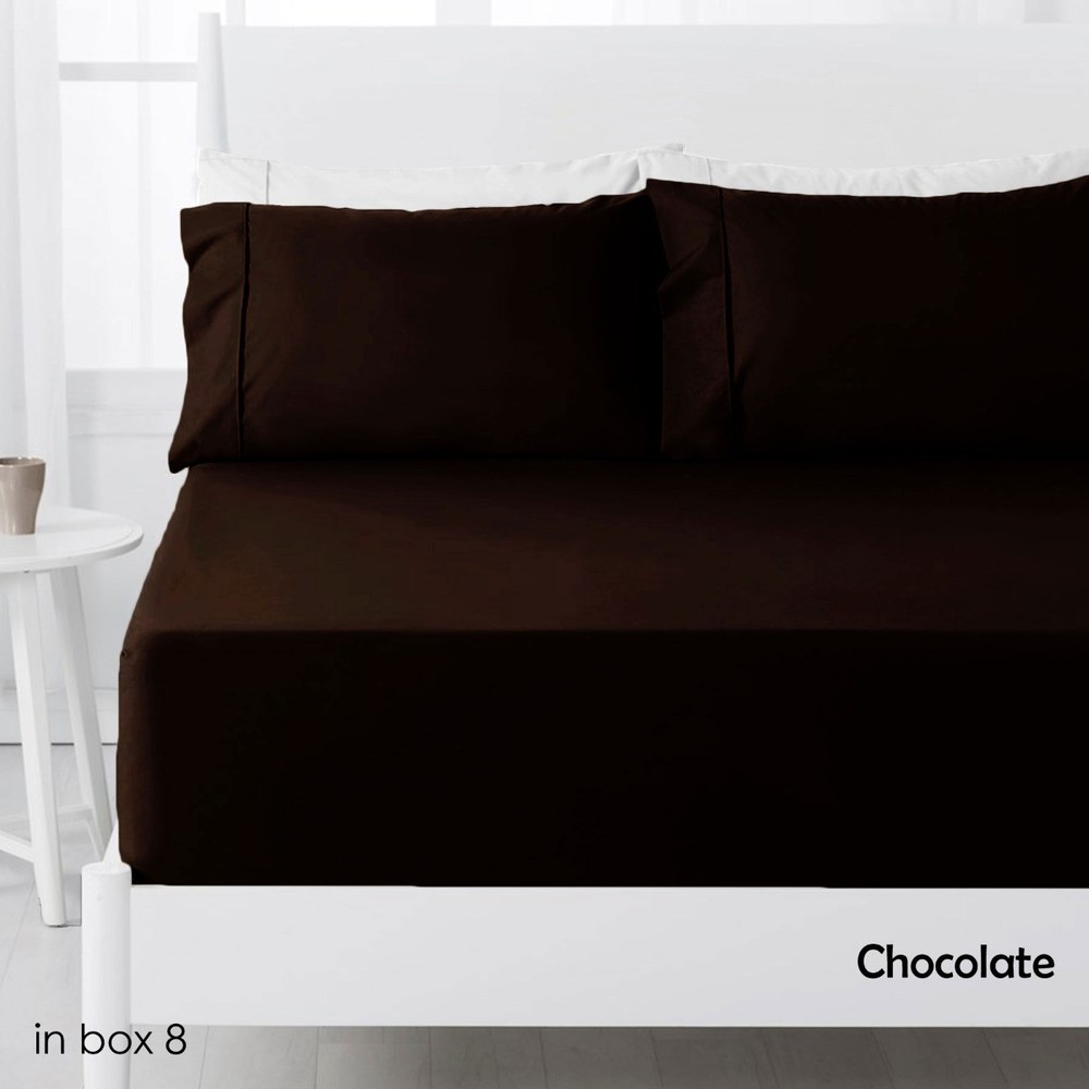 250TC Polyester Cotton Fitted Sheet Set Chocolate Single 35cm Wall by Hotel L...