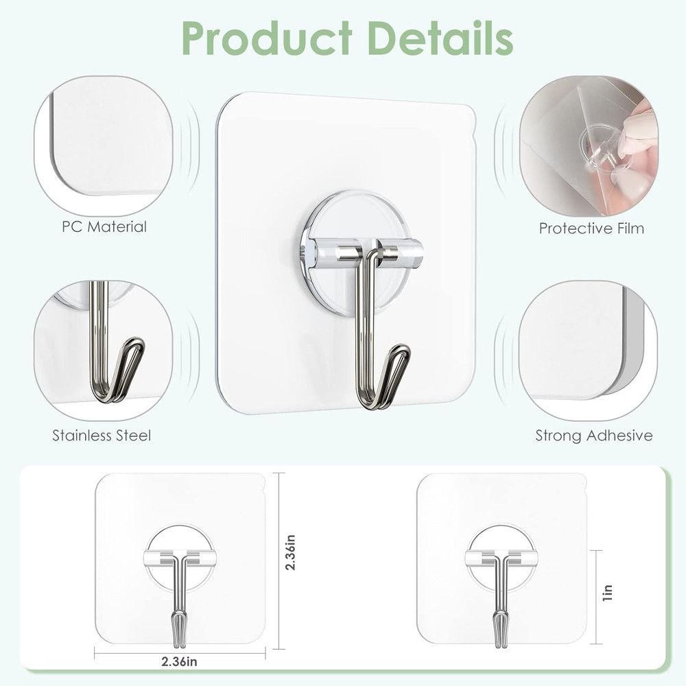 Adhesive Wall Hooks for Hanging, Clear Removable Window Hooks 13 Lb Stainless St