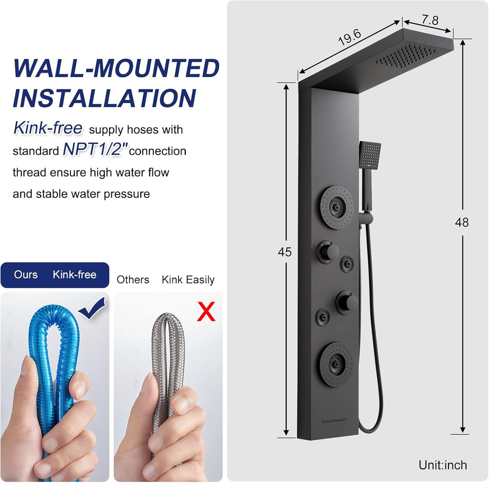 Elegant Matte Black Shower Panel with Rainfall, Jets & Handheld Spout