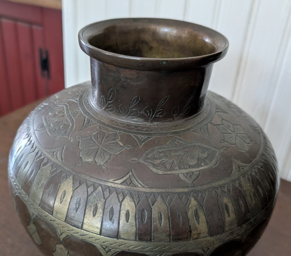 Heavy Bronze Middle Eastern Persian Silver Inlaid Pot