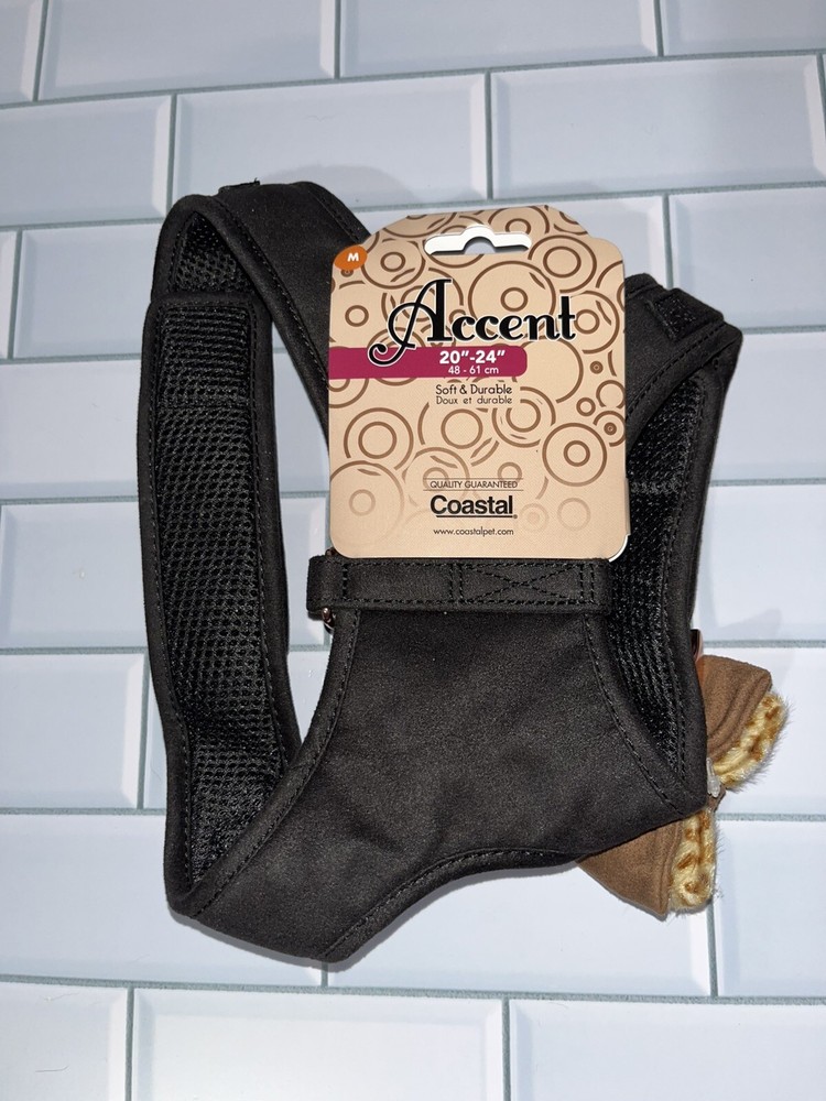 Coastal Accent Black Harness W/Leopard Bow Medium M 20”-24” NWT