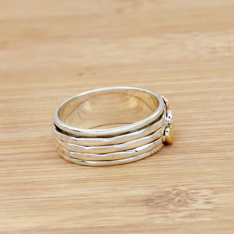 Solid 925 Sterling Silver Heart Spinner Meditation Worry Three-Color Mixed Ring