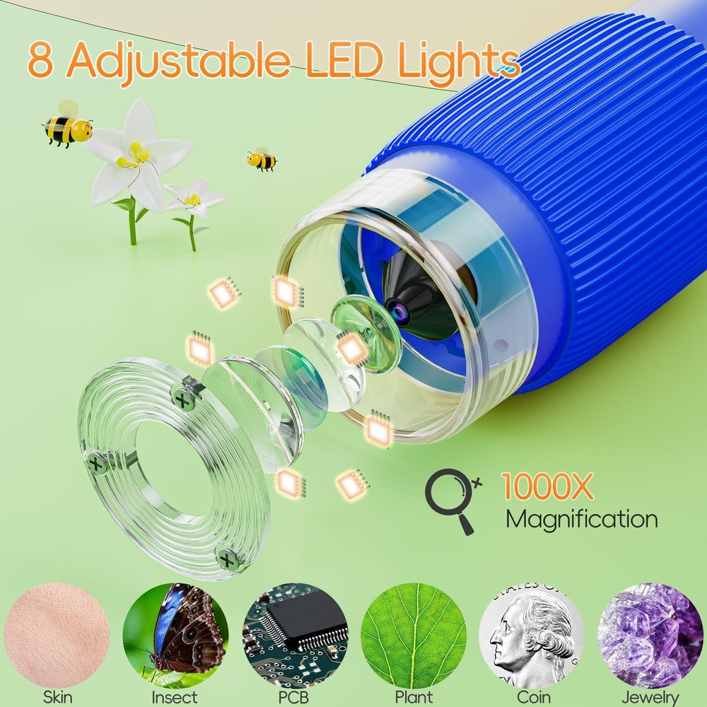 Microscope for Kids, SKYBASIC 2" IPS Screen 1000X Handheld Digital Blue
