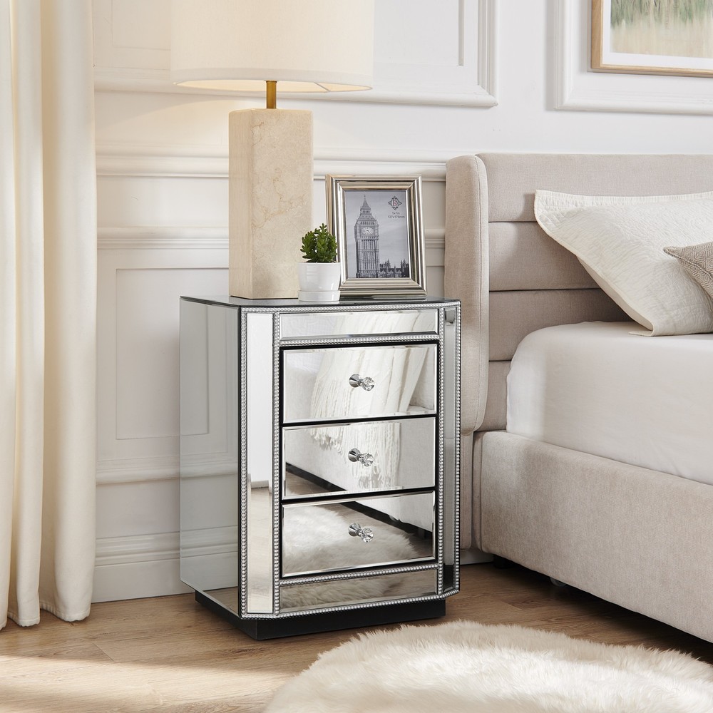3-Drawer Mirrored Nightstand Bedside Table, Modern End Side Table