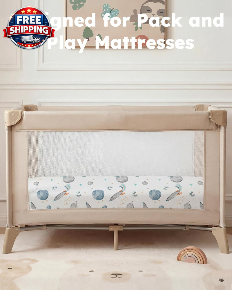 Blue Rocket Pack and Play Sheets for Mini Crib, 2-Pack Fitted Soft Sheets