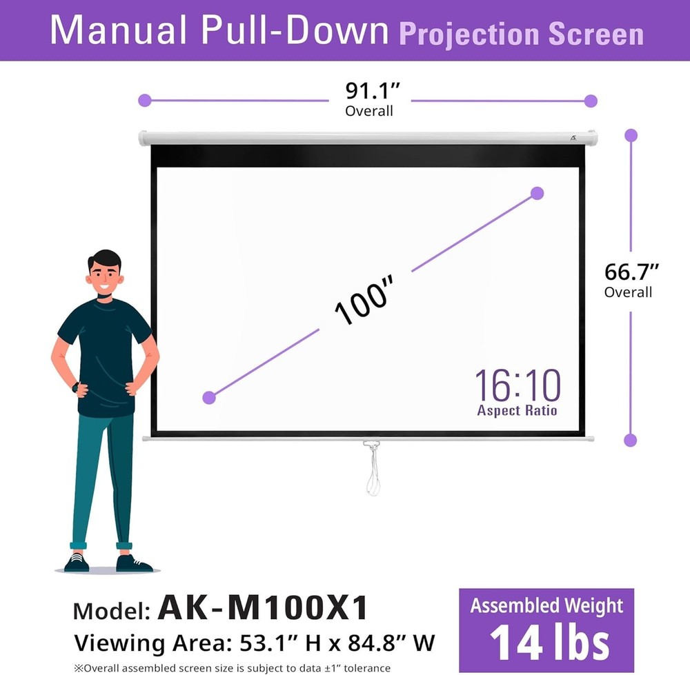 16:10 Retractable Projector Screen - Auto-Locking and Wall/Ceiling Mountable