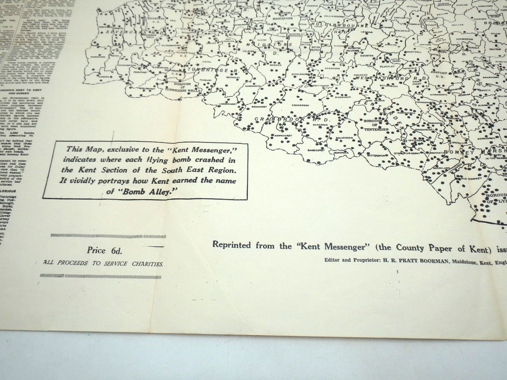 WWII British Where The Doodle Bugs Crashed in Kent Map