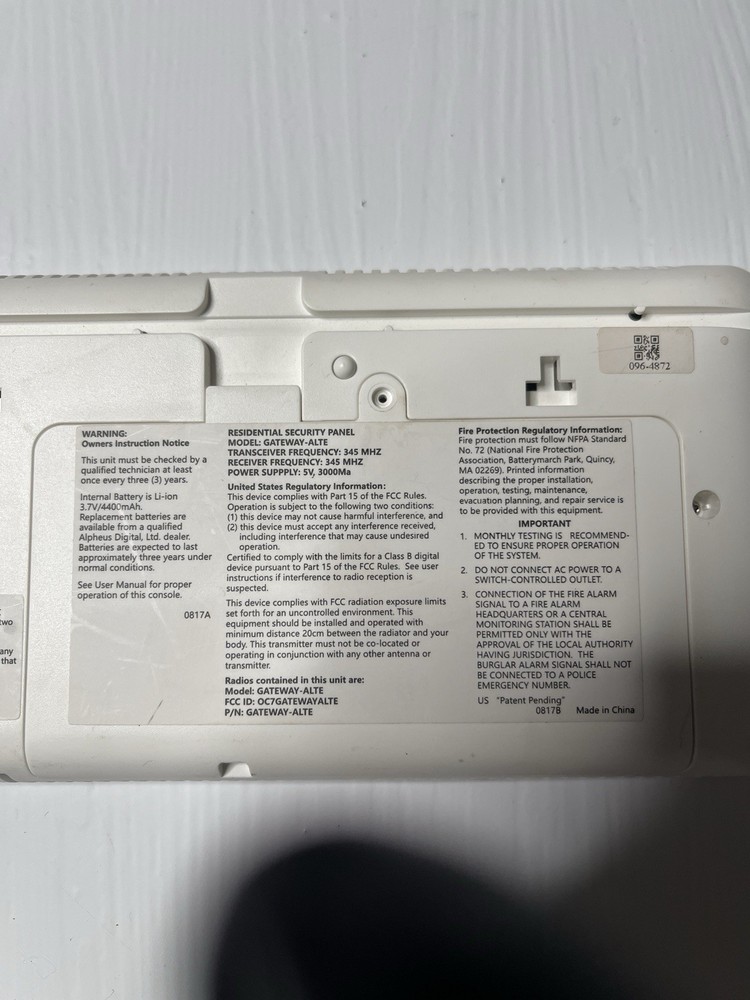 ALDER GATEWAY VLTE Residential Alarm Security Control Panel ONLY ~ White