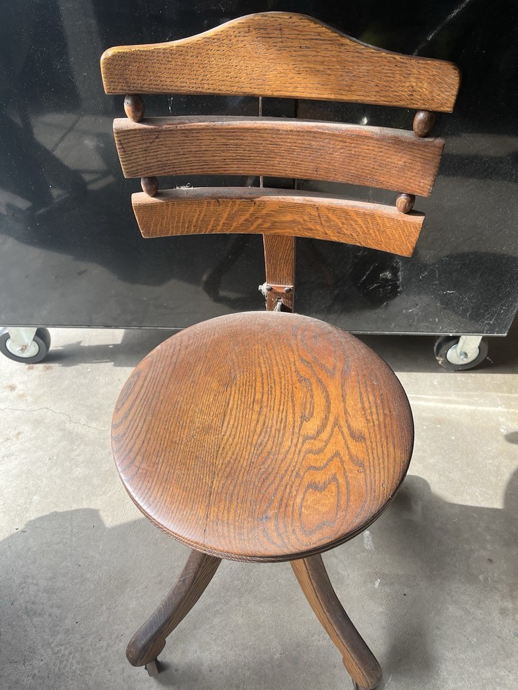 Antique Oak Small Adjustable Office Chair/Vanity Stool