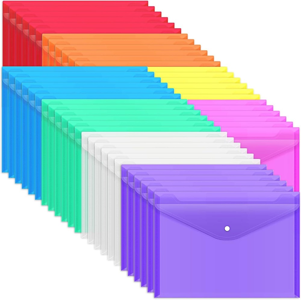 48 Pack Plastic Envelopes Poly Envelopes with Snap Closure, Clear Document Fi...
