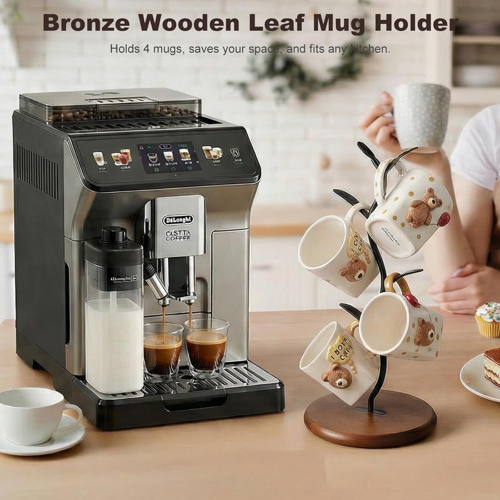 Mug Tree Holder Bronze Metal Leaf Branch & Solid Wood Base Mug Holders