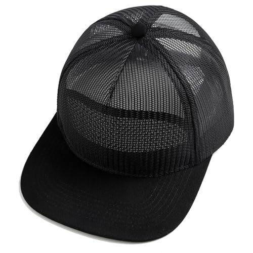 Mesh Flat Bill Snapback Hat, 5-Panel Adjustable Blank Baseball Cap, Black