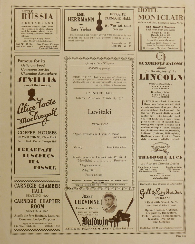 LEVITZKI, Mischa.: Signed Photograph and Birthday Note w Carnegie Hall Programs