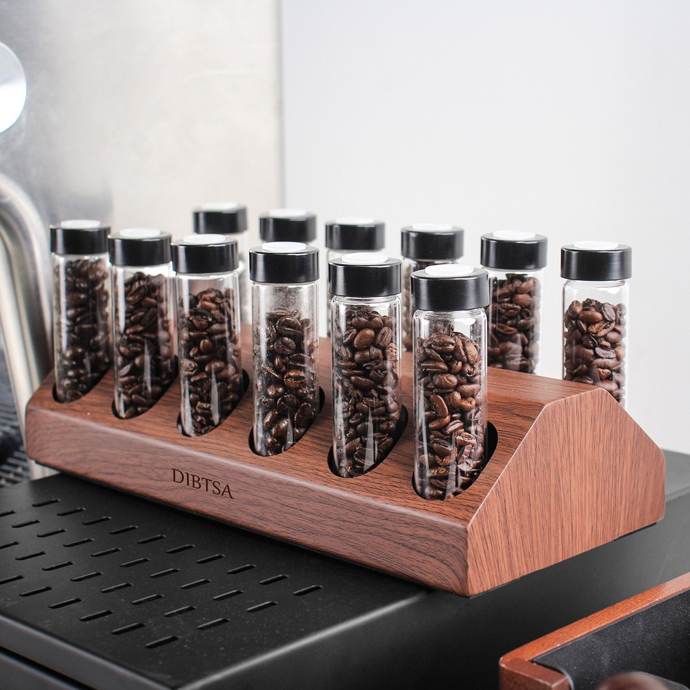 12 Single Dose Coffee Bean Storage Tubes Containers Exhaust Valves Display Base