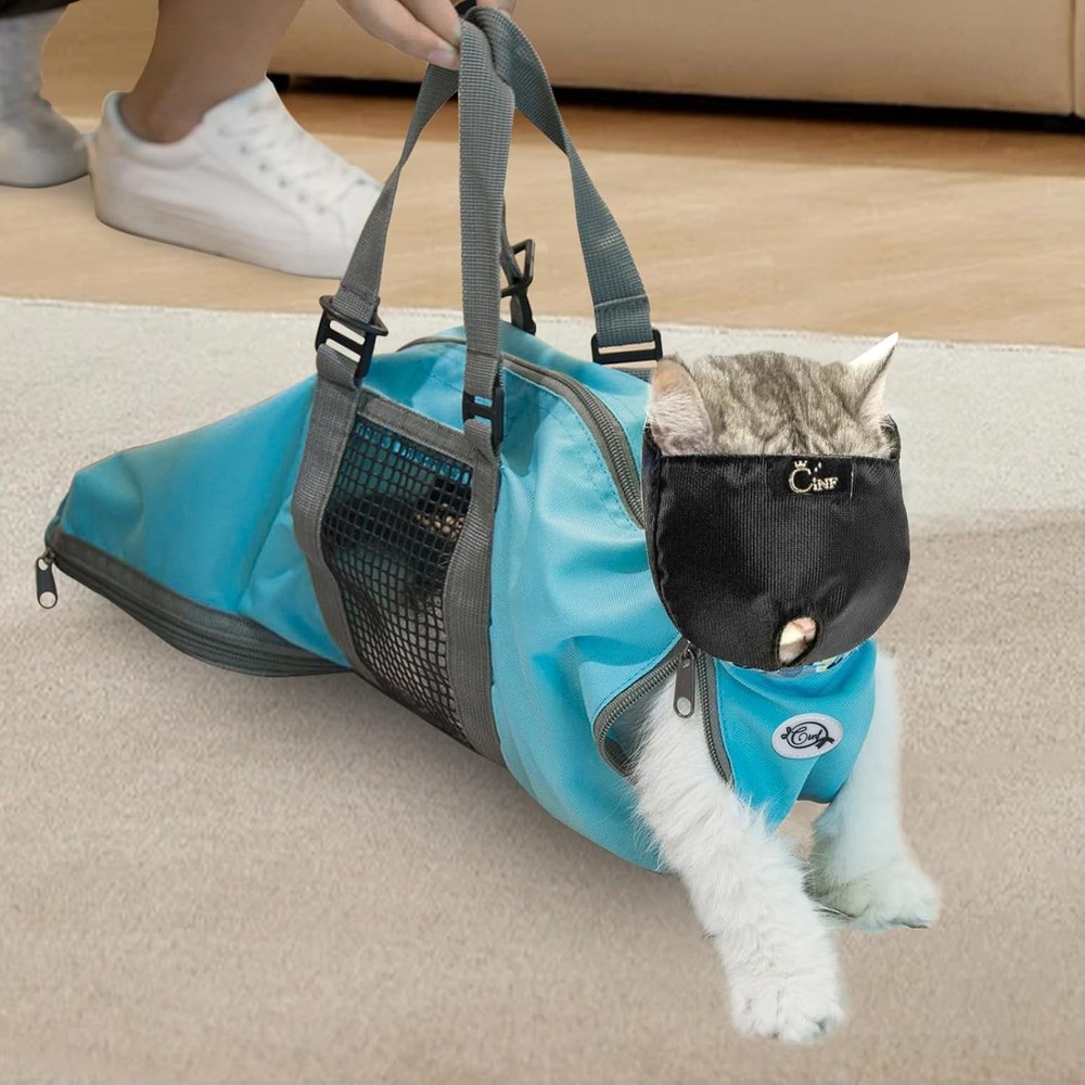 Durable Cat Grooming Bag M-Blue, Includes Muzzle, No Scratch, Bite Prevention