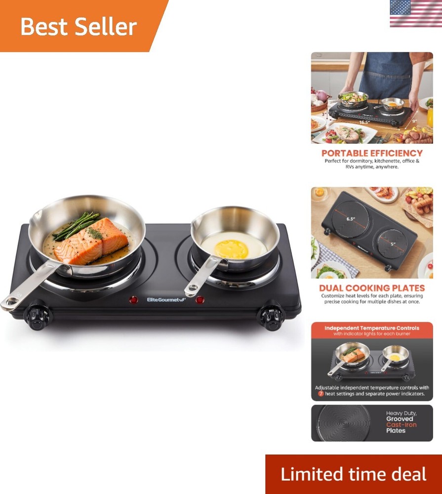 Compact Double Cast Iron Hot Plate - 1500 Watts with Easy Temperature Control