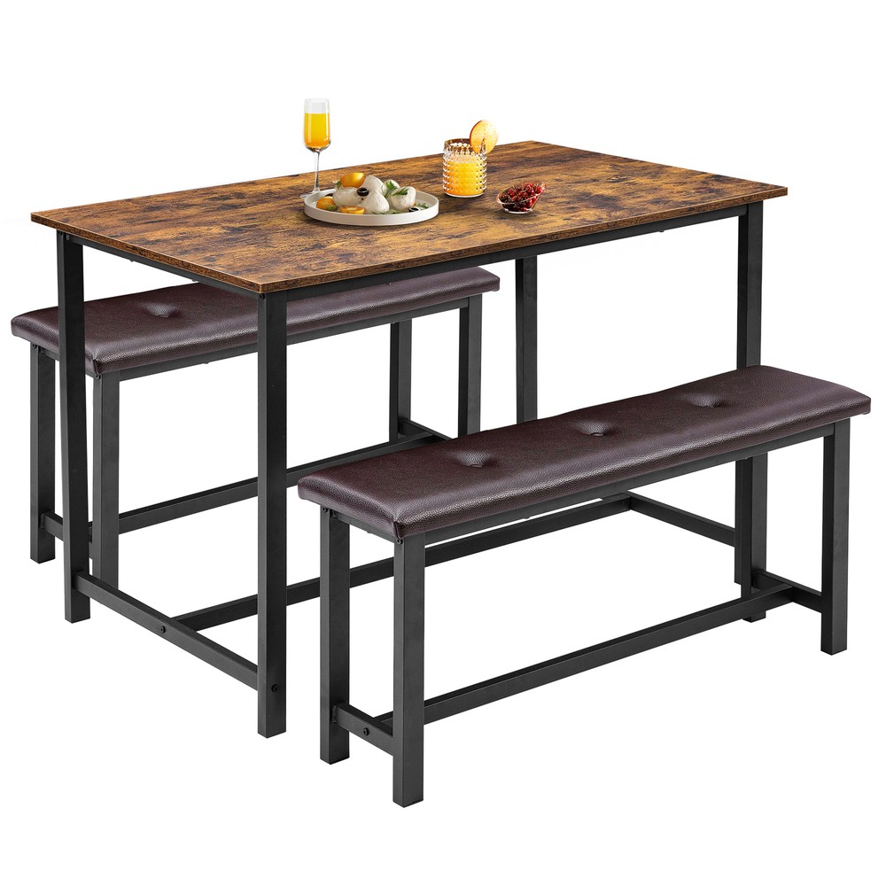 3 Pcs Dining Table, Rectangular Dining Room Table Set with 2 Upholstered Benches