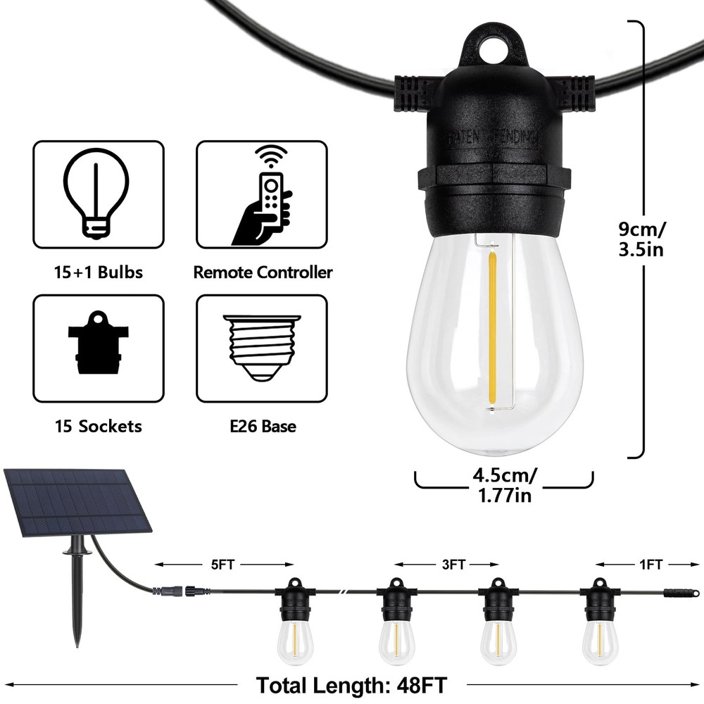 48FT S14 Solar String Lights Outdoor with Remote Controller, Solar Powered Pa...