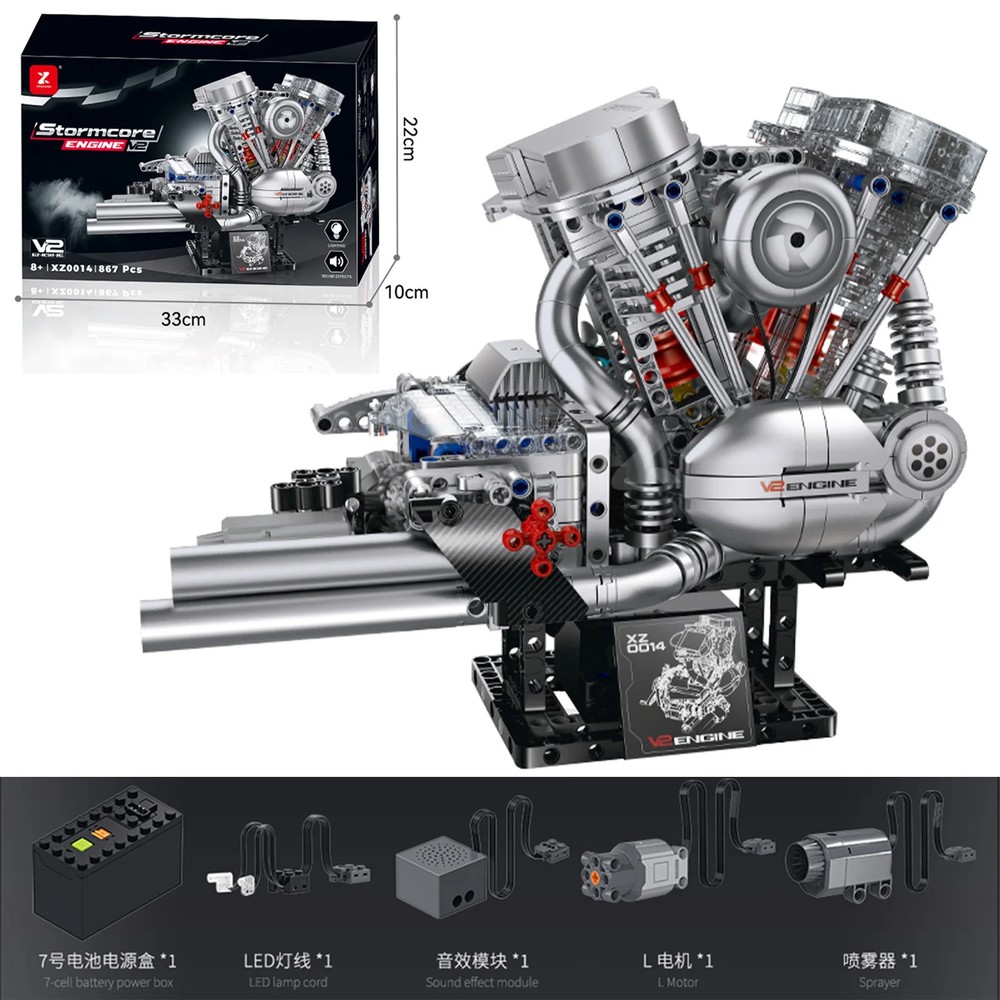 V2 Flathead Engine Model Kit, 867+ Motorcycle Building Set Light & Spray Effects