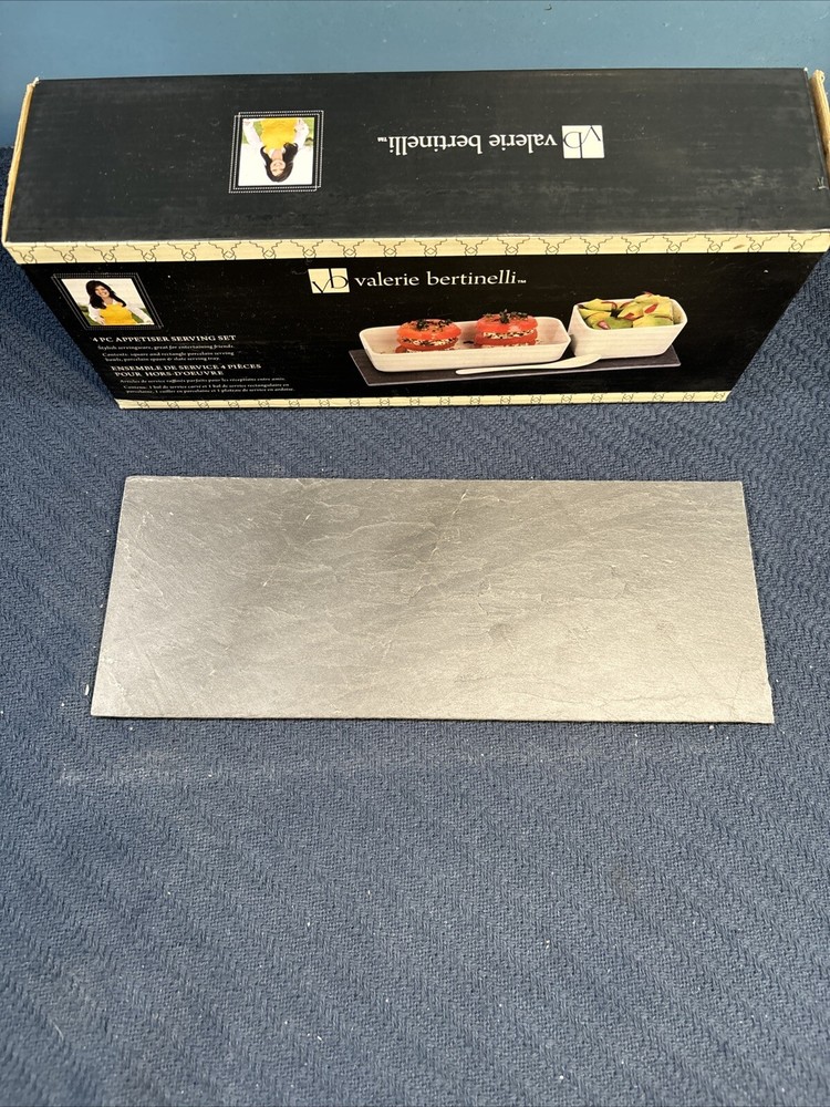 Valerie Bertinelli 4 Pc Appetizer Serving Set 2 Bowls & Spoon Slate Serving Tray