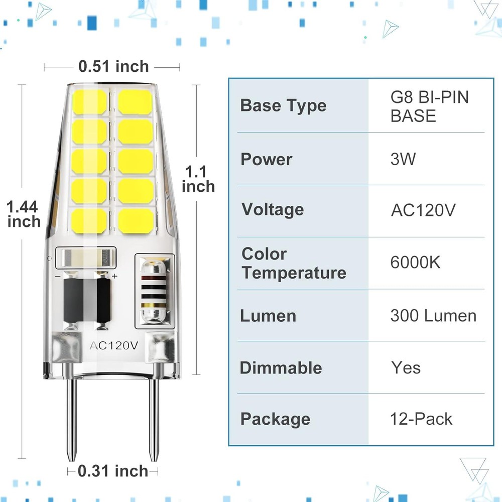 6PCS Dimmable G8 Led Bulb Daylight White 120V T4 20w Under Cabinet Light Bulb
