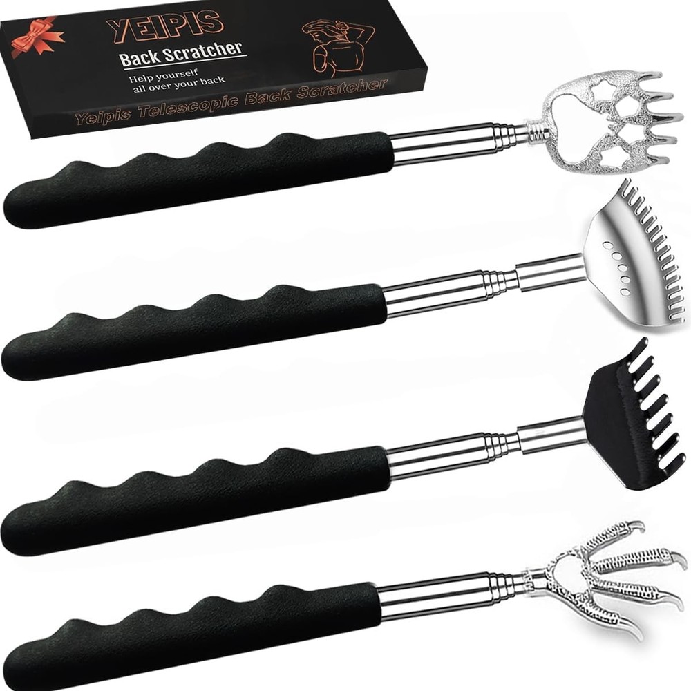 4Pcs Different Back Scratcher Extendable Massager Tool with Rubber Black