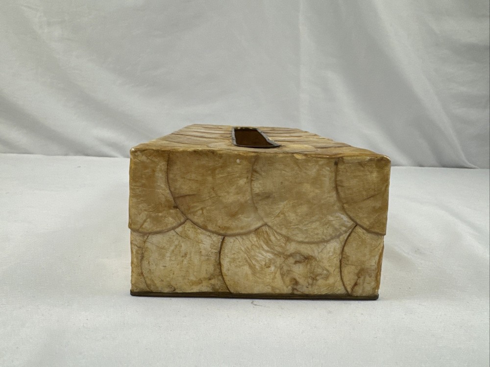 Vintage CAPIZ SHELL Brass Trim Rectangular Tissue Box Holder Cover BOHO 10"