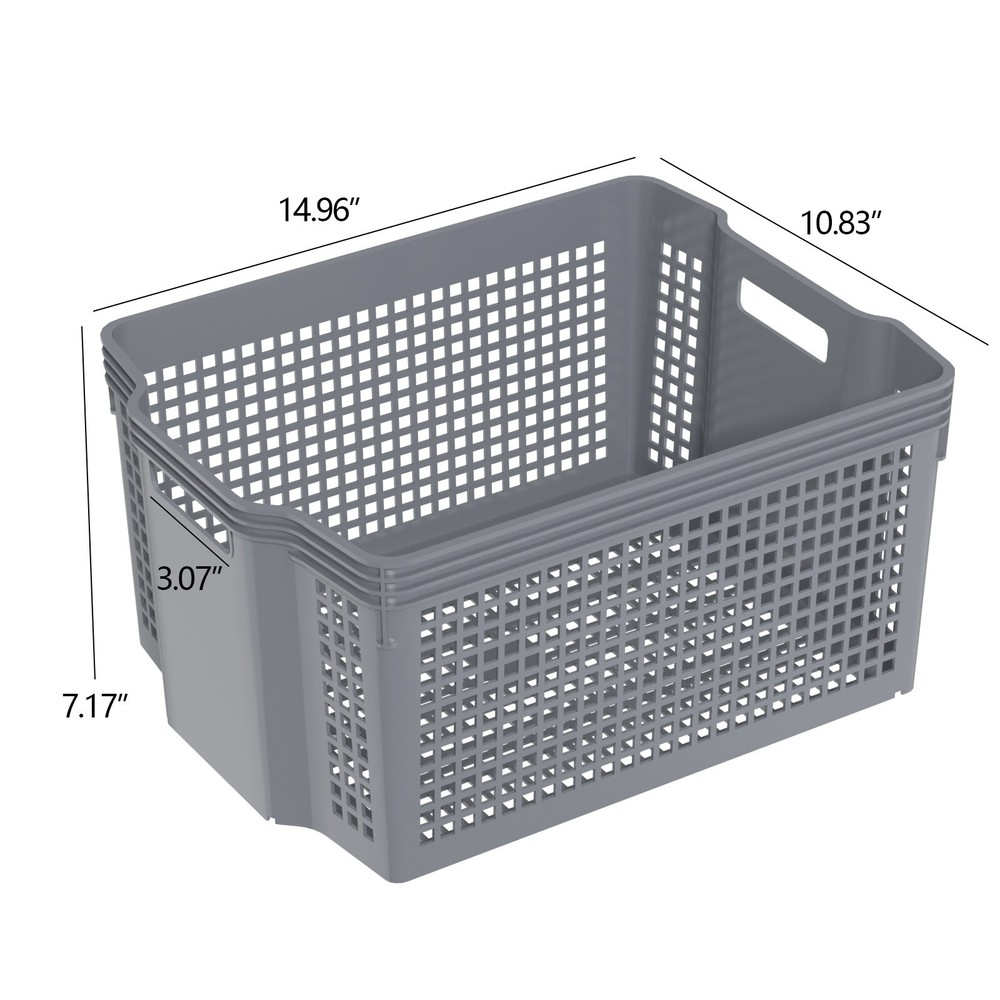 6-Pack Stackable Plastic Woven Basket Organizer, Stacking Storage Basket, Grey