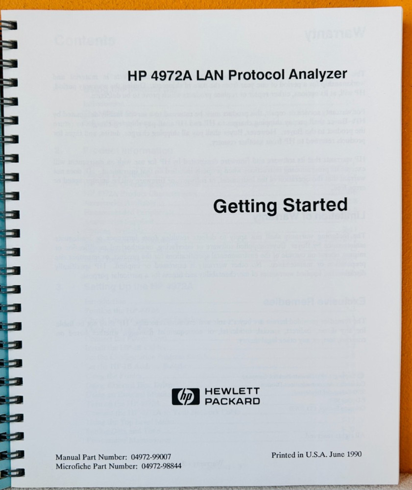 HP 04972-99007 1990 HP 4972A LAN Protocol Analyzer Getting Started Manual.
