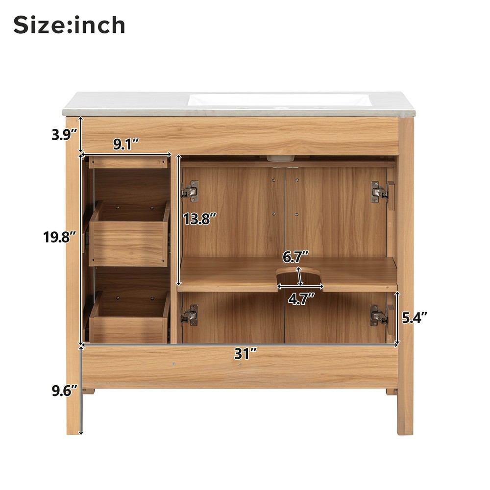 36" Wood Bathroom Vanity with Solid Wood Frame, 2 Soft Close Doors, 3 Soft Clo