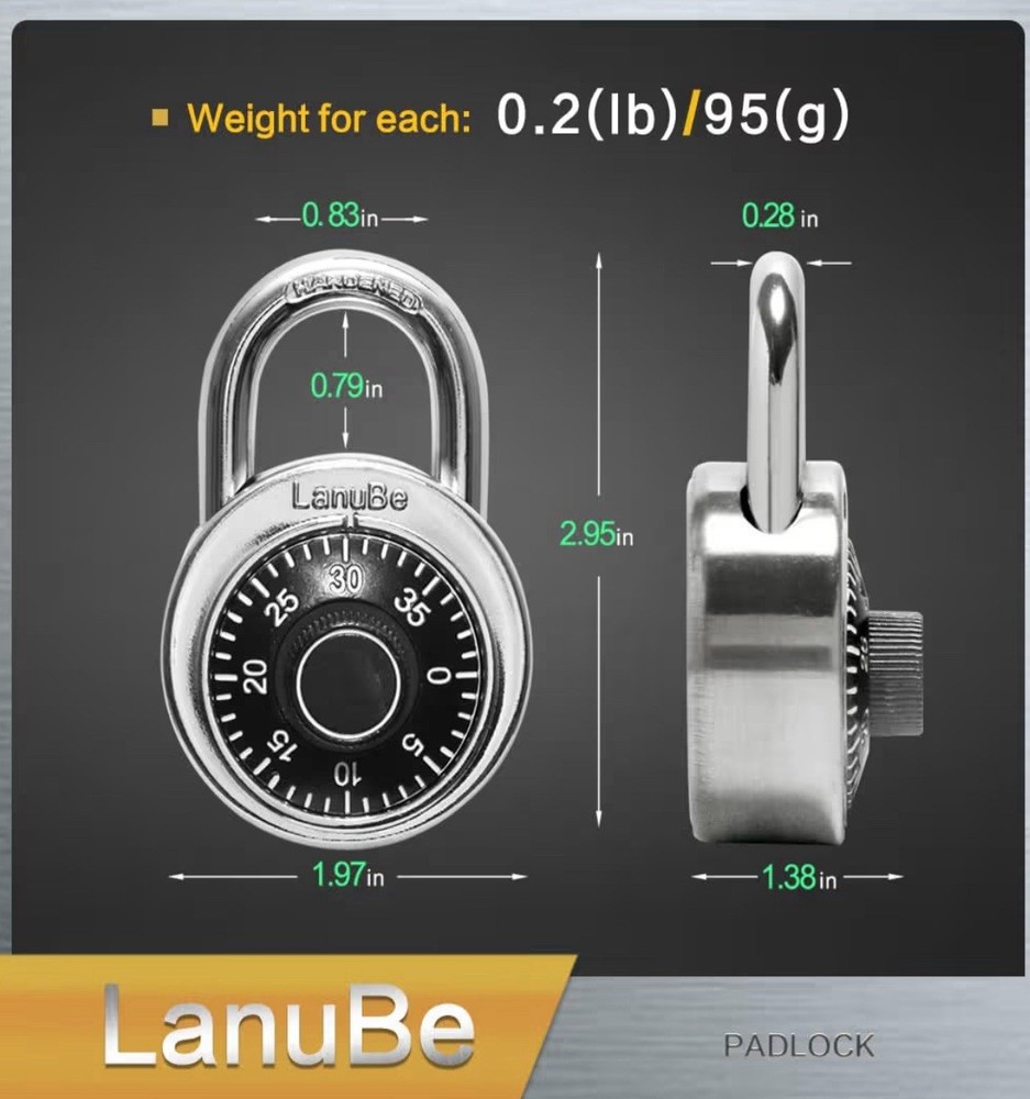 LanuBe Standard Dial Combination Locks – 24 Ct (2” Wide, Black) – New/Open Box