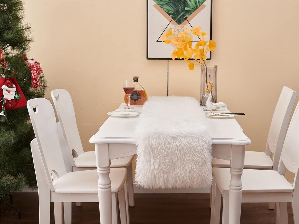 Faux Fur Table Runner White 11.8x59inch for