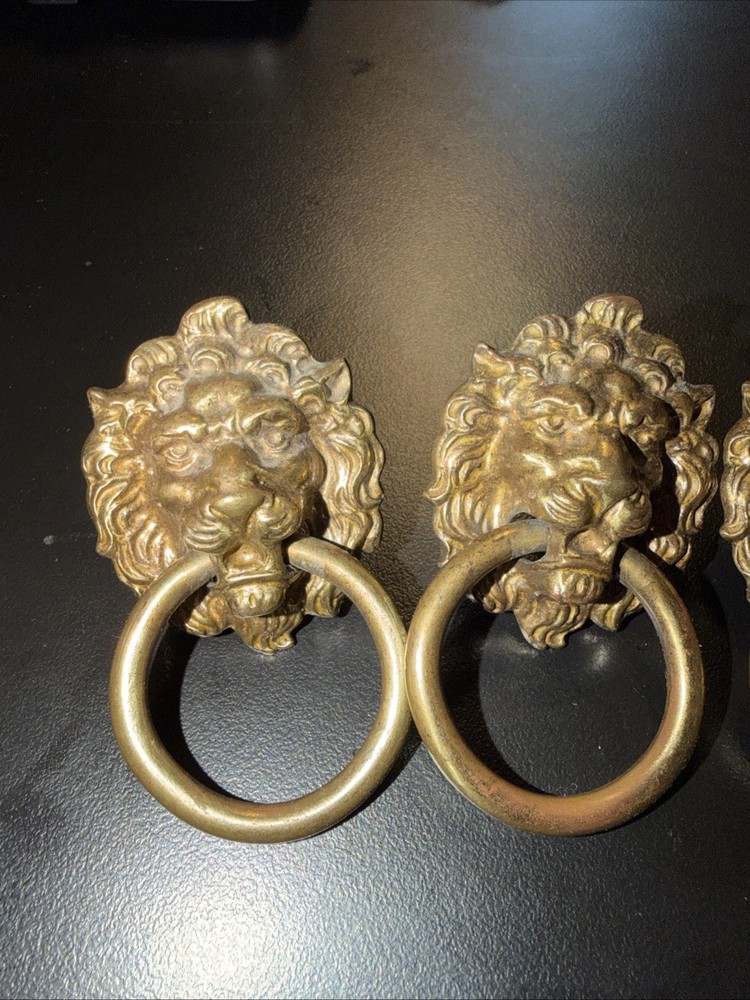 Antique Vintage Solid Brass Lions Lion's Head Knob Pull Drop Handle