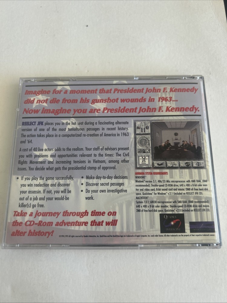 Re-Elect JFK CD-ROM for Mac & Windows Vintage Rare PC Game 1995 Reelect Software