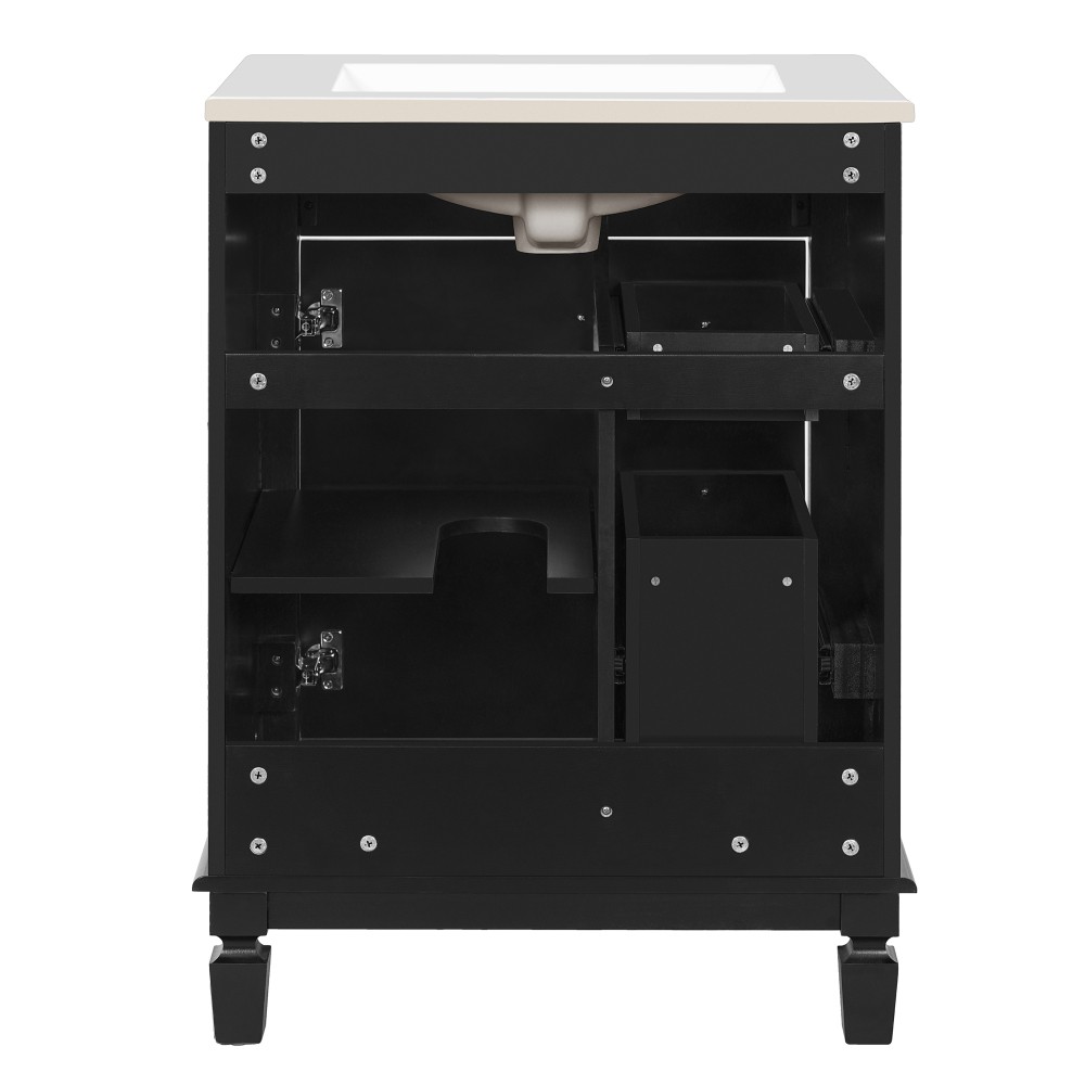 Bathroom vanity W ceramic sink Features two drawers Includes adjustable shelves