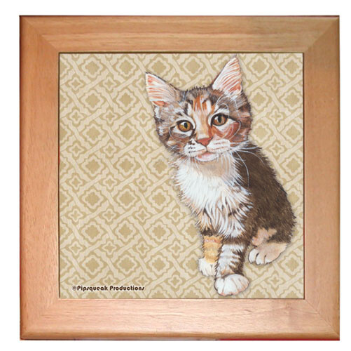 Cat Kitchen Ceramic Trivet Framed in Pine 8" x 8"