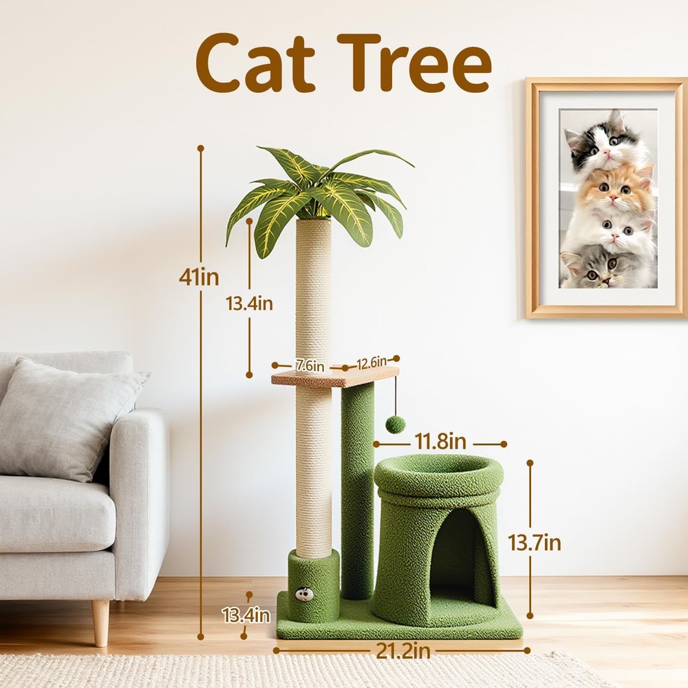 Cat Tree Tower Scratching Post Stand for Indoor, 41" Compact Palm Tree Kitten...