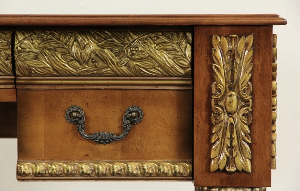 Classical Writing Desk, Carved Cherry & Maple with Dark Gold.