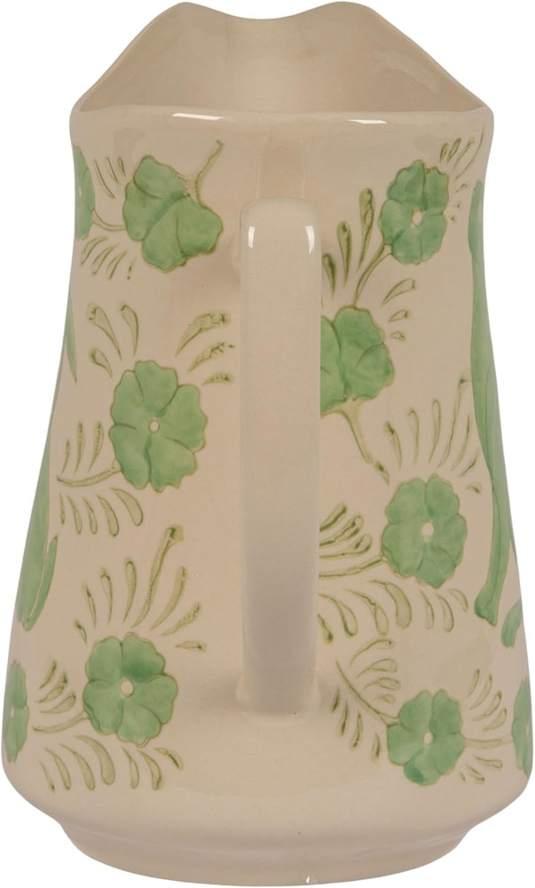 Charming 3-Quart Green Stoneware Pitcher with Rabbit and Floral Design