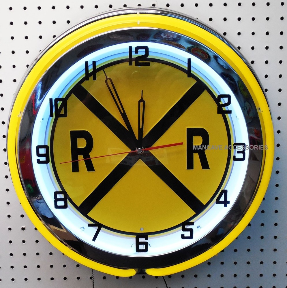 RAILROAD Crossing 19" Yellow Double Neon Clock Rail Road