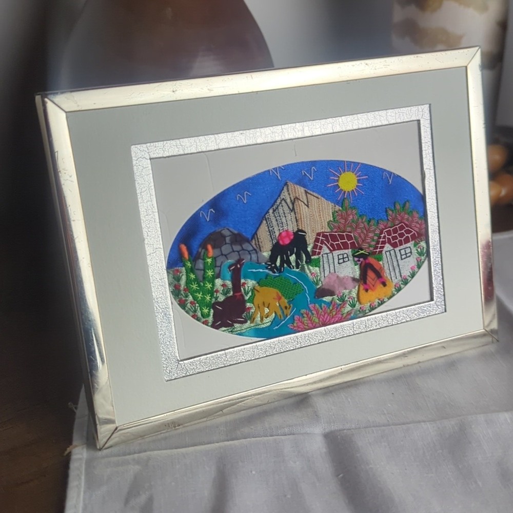 Framed Folk Boho Embroidery Patchwork Scene Hand-Stitched Textile Patchwork Art