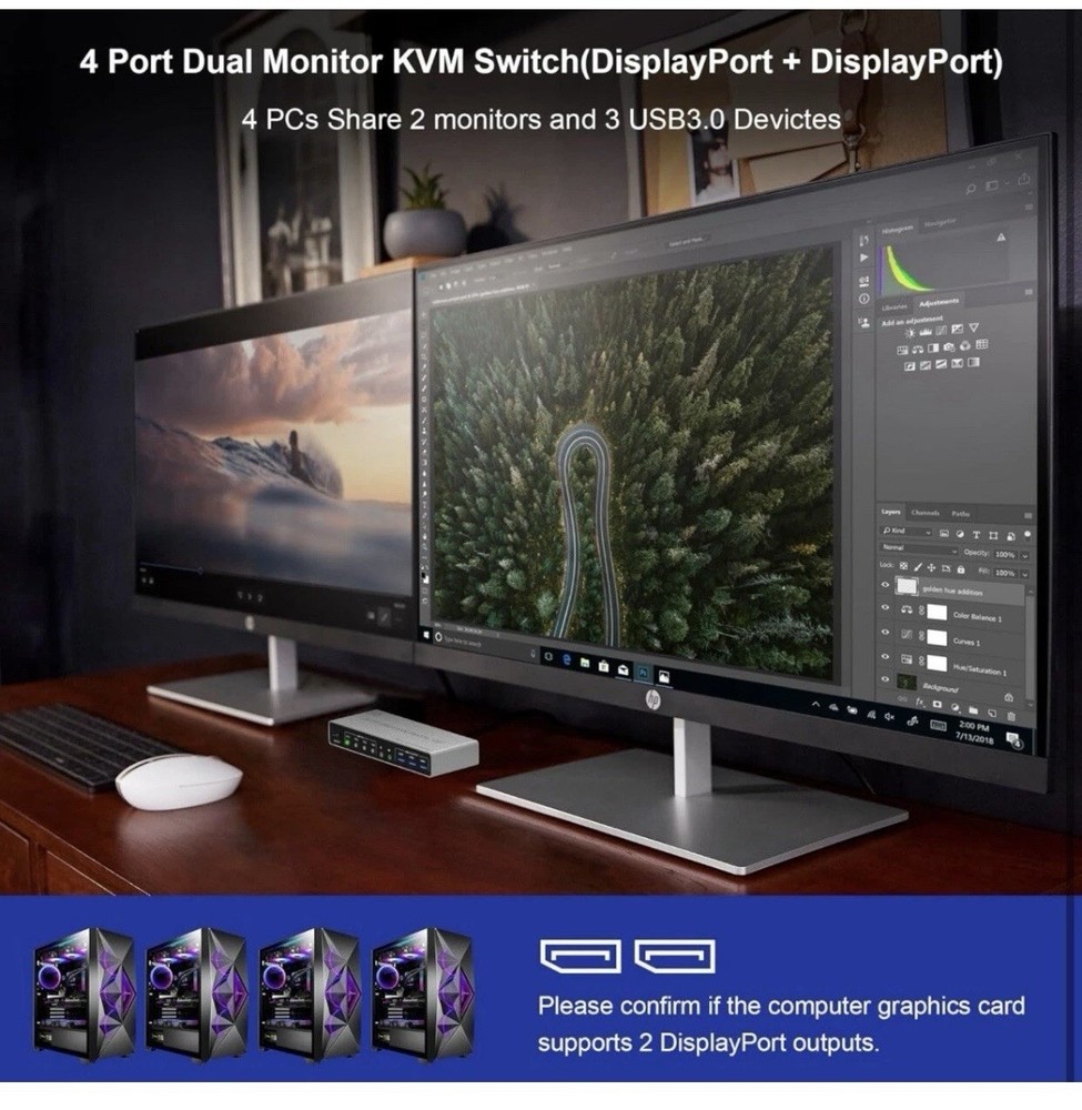 8K@60Hz Displayport USB 3.0 KVM Switch 2 Monitors for 4 Computers