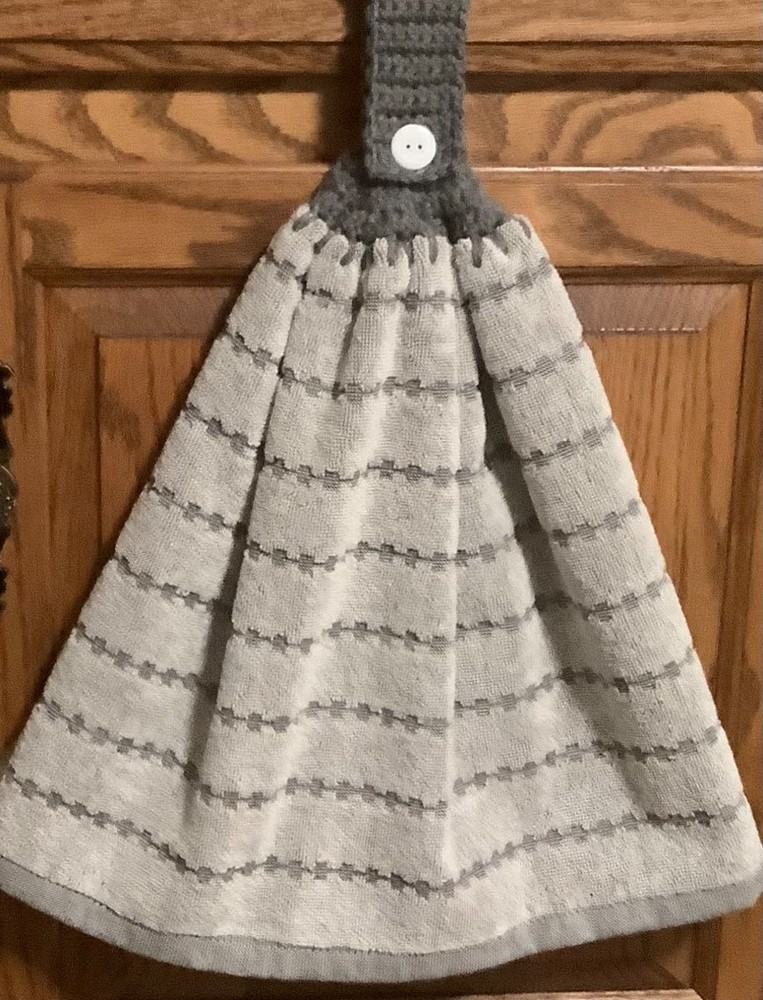 Double hanging kitchen towel gray white abstract crocheted gray top