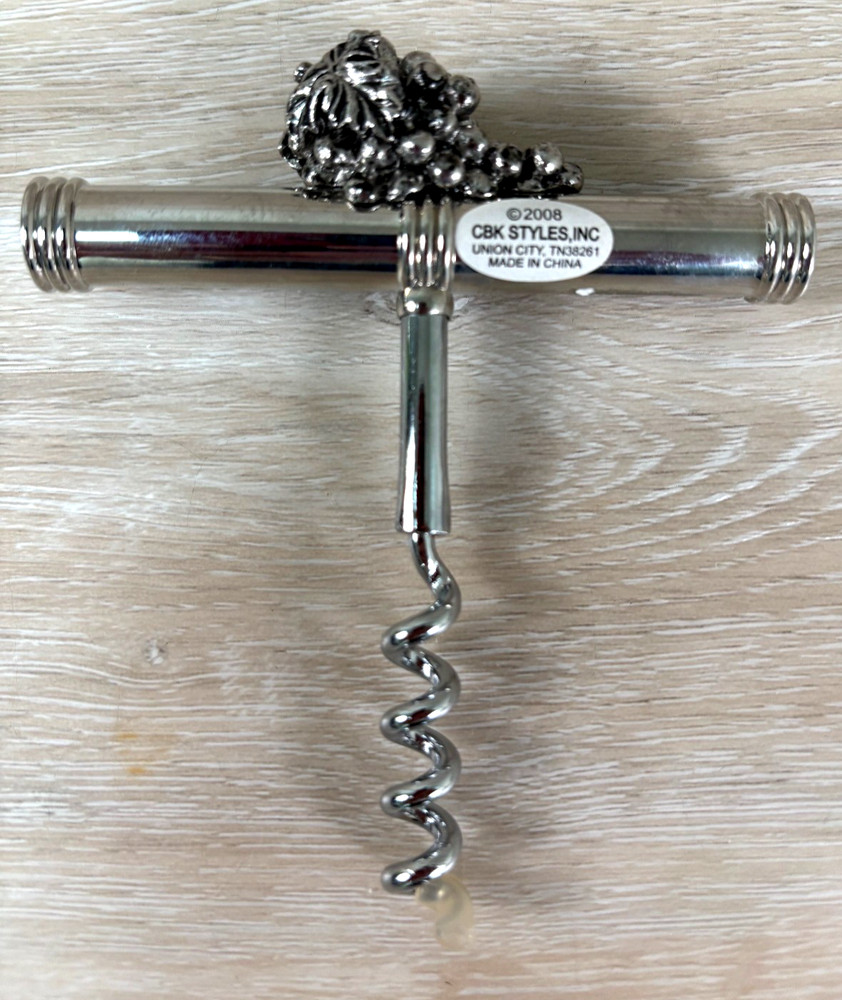 Mini Travel Size "T" Shaped Silver Corkscrew w/ Dimensional Grape Cluster