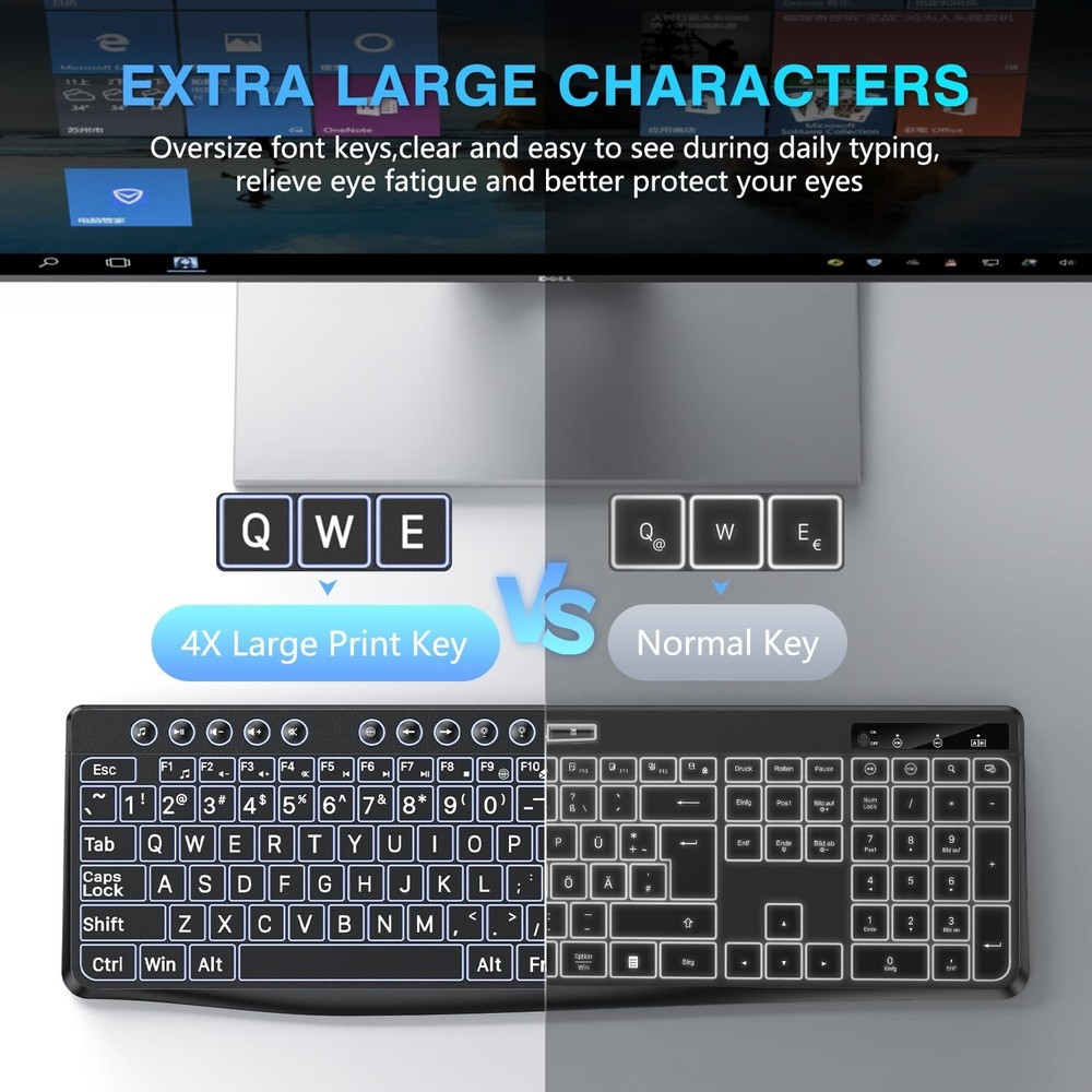 OMOTON Large Print Backlit Keyboard with Type-C and USB A Dual Interface, Wir...