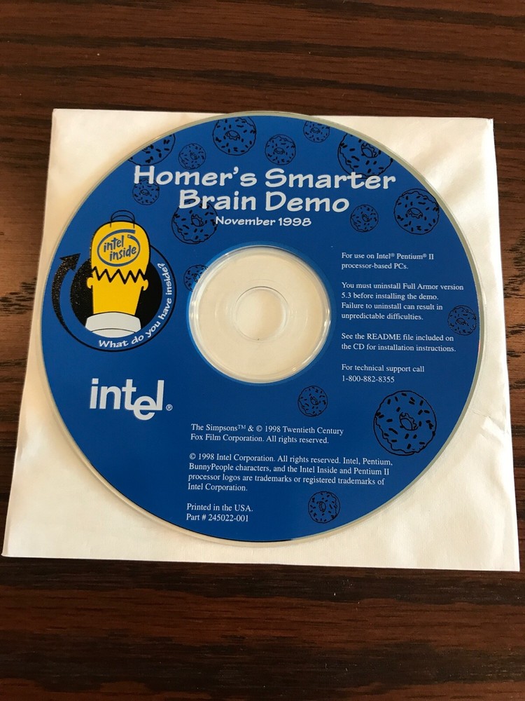 Original Intel Inside Pentium II processor Homer Simpson Smarter Brain Demo CD